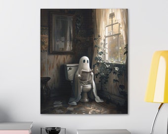 Ghost on Toilet, Ghost in Bathroom Art, Dark Academia, Halloween Decoration, Bathroom Wall Art, Bathroom Decor, Victorian Oil Painting