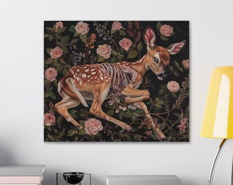 May include: A detailed painting of a fawn lying in a bed of pink and white flowers. The fawn's skeleton is visible through its skin, creating a surreal and slightly unsettling image.