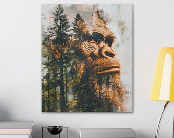 Bigfoot Double Exposure Canvas Art: Cabin Decor, Sasquatch Gift