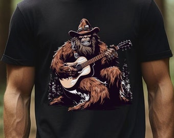 Funny Bigfoot Playing Guitar T-Shirt: Sasquatch Camping Tee