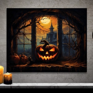 Pumpkin in Window Wall Art Halloween Decor Gothic Art Dark Academia Jack O Lantern Oil Painting Canvas Wall Art Wall Decor