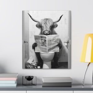 Highland Cow Bathroom Decor, Cow Sitting on Toilet, Minimalist Modern Farmhouse Art, Farmhouse Decor, Bathroom Wall Art, Canvas Wall Art