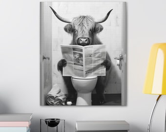 Highland Cow on Toilet Canvas: Farmhouse Bathroom Wall Art