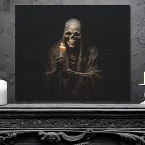 Skeleton Holding A Candle Wall Art Halloween Decor Gothic Art Dark Academia Haunting Ghost Vintage Oil Painting Canvas Wall Art Wall Decor