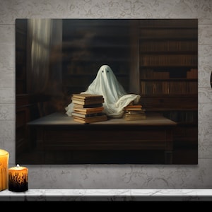 Ghost in Library Wall Art Halloween Decor Gothic Art Dark Academia Haunting Ghost Vintage Oil Painting Reading Lover Gift