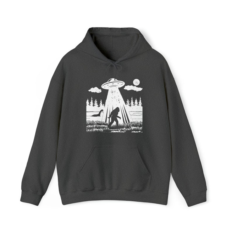 Bigfoot Lochness UFO Hoodie: Sasquatch Alien Sweatshirt Dark Heather