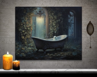 Ghost in Bathtub Canvas: Gothic Halloween Wall Art