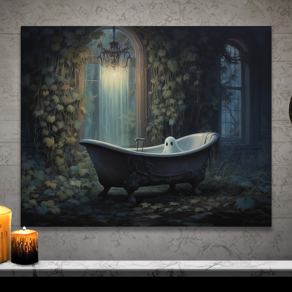 Fantôme dans la baignoire, art mural, décoration d'Halloween, art gothique, sombre, université, fantôme, hanté, peinture, vintage, peinture à l'huile, bain moussant, fantôme