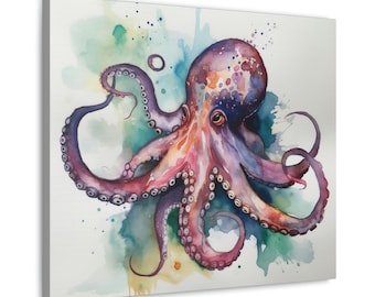 Watercolor Octopus Canvas Art: Coastal Home Decor