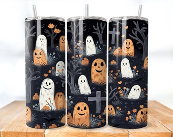 May include: Three stainless steel tumblers with a Halloween theme. The tumblers feature a black background with white ghosts, orange jack-o'-lanterns, and brown trees.