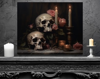 Puede incluir: Una pintura de bodegón con dos cráneos humanos, rosas rosas y velas encendidas en un ambiente oscuro. Los cráneos están colocados sobre una mesa con un fondo oscuro. Las velas están en candelabros antiguos. La pintura tiene un tema gótico y macabro.
