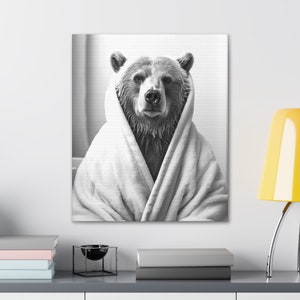 Grizzly Bear in Bathrobe Canvas: Modern Farmhouse Bathroom Wall Art