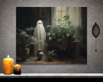 Plant Lover Ghost Canvas Wall Art: Gothic Halloween Decor
