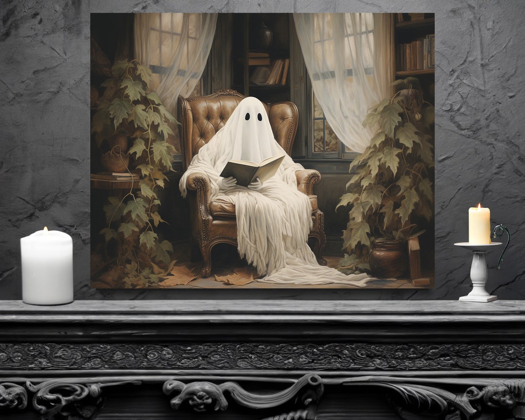 Ghost Reading Book Painting: Gothic Halloween Wall Art - Etsy