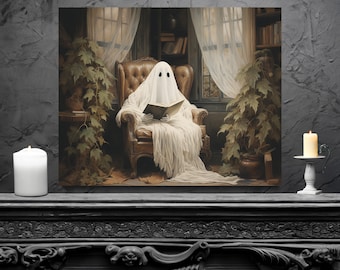 Ghost Reading Book Painting: Gothic Halloween Wall Art