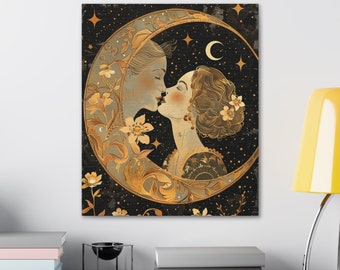 Art Nouveau Moon Canvas: Woman Kissing Moon, Vintage Style