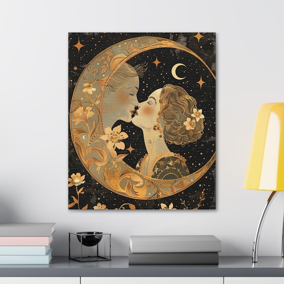 Art Nouveau Moon Canvas: Woman Kissing Moon, Vintage Style
