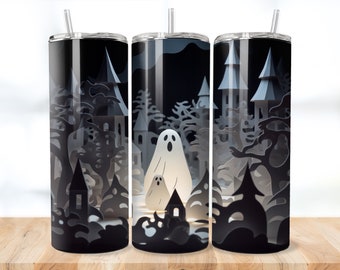 May include: Three black and white stainless steel tumblers with a Halloween theme. The tumblers feature a paper cut-out design of a spooky town with ghosts, trees, and houses.