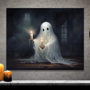 Ghost Holding Candles Wall Art Halloween Decor Gothic Art Dark Academia Haunting Ghost Vintage Oil Painting Canvas Wall Art Wall Decor