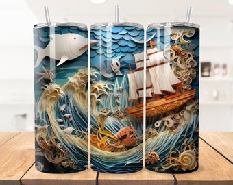Quilled Paper Ocean Ship 20oz Tumbler Wrap Design (PNG, PDF)