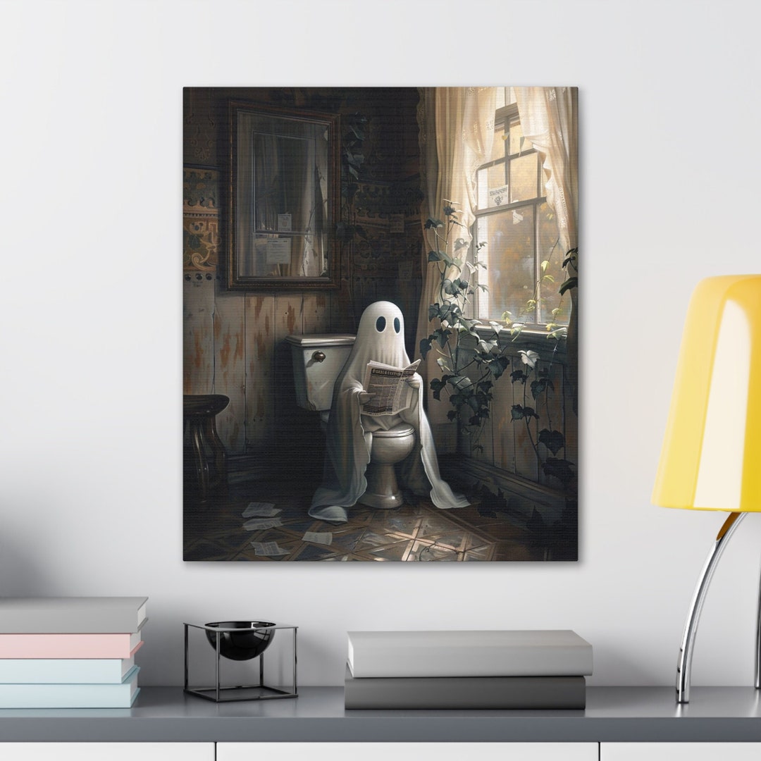 Ghost on Toilet Canvas, Ghost Bathroom Art, Dark Academia, Halloween ...