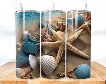 3D Seashells Beach Tumbler Wrap: 20 oz Skinny Tumbler (PNG, PDF Digital Download)