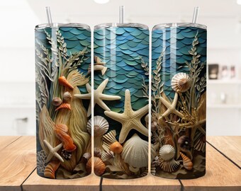 3D Seashells Beach Tumbler Wrap: 20 oz Skinny Tumbler (PNG, PDF Digital Download)