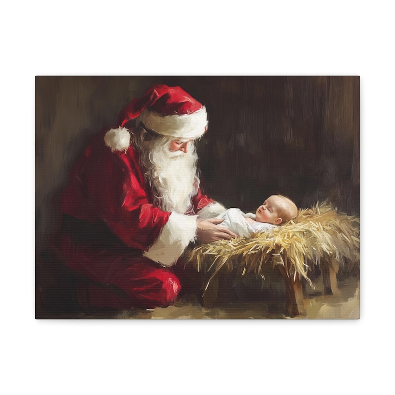 Santa Kneeling at Manger Canvas, Nativity Christmas Decor, Christmas