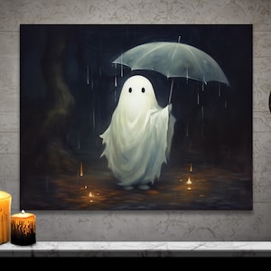 Silly Ghost in the Rain, Vintage Halloween Art, Framed