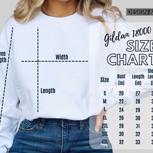 May include: Size chart for Gildan 18000 sweatshirts, showing measurements in inches for bust, length, and sleeve length for sizes S through 4XL.