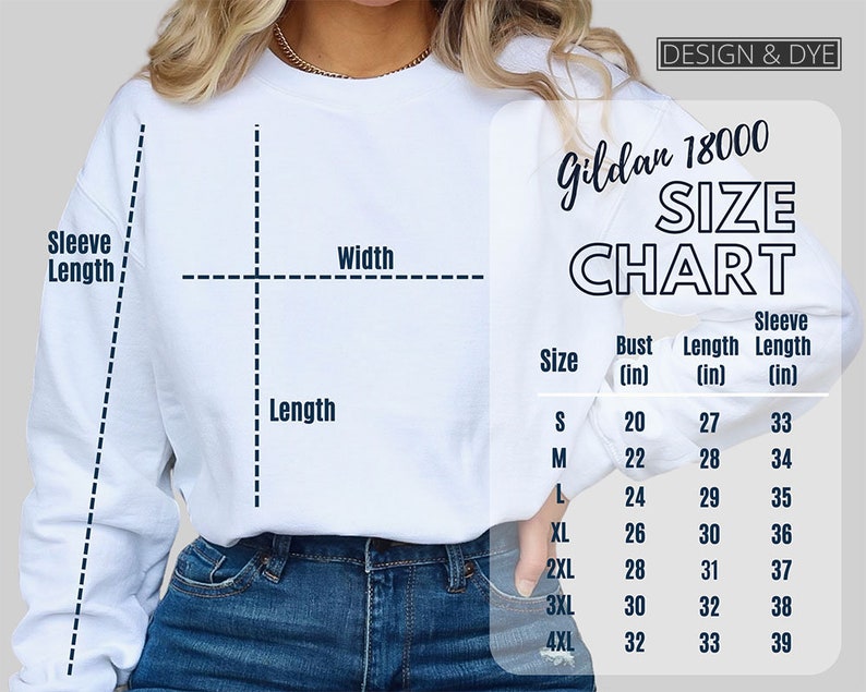 May include: Size chart for Gildan 18000 sweatshirts, showing measurements in inches for bust, length, and sleeve length for sizes S through 4XL.