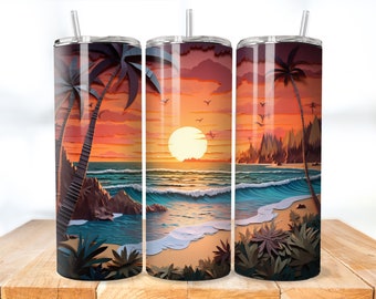 3D Sunset Beach Tumbler Wrap: 20 oz Skinny Tumbler Design (PNG, PDF)