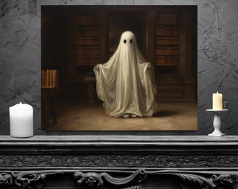 Ghost in Library Canvas Art: Gothic Halloween Wall Decor
