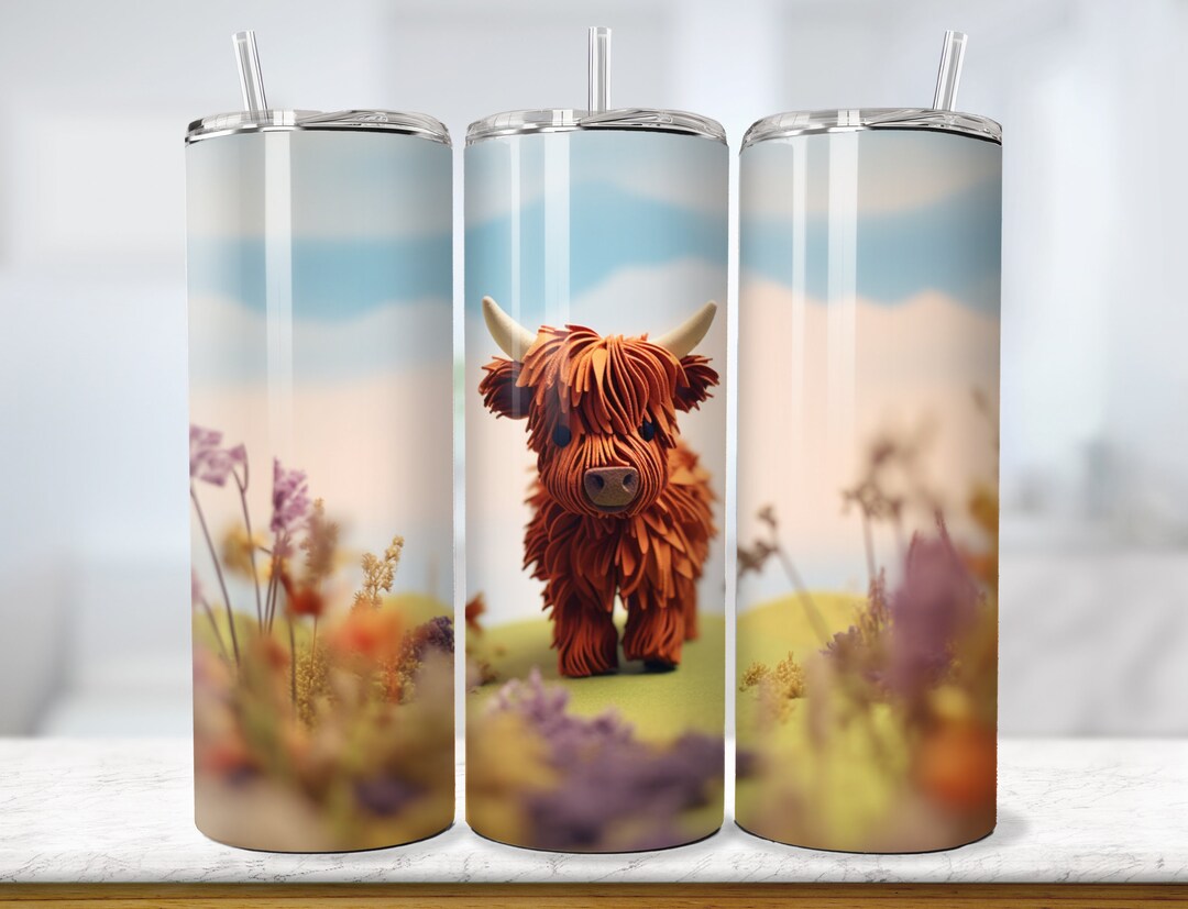 3D Highland Cow Tumbler Wrap: 20oz Skinny Sublimation Design (digital ...