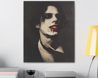 May include: A black and white portrait of a man with dark hair and a white shirt. He has blood on his mouth and a sinister expression on his face.
