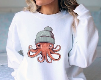 Octopus Art Sweatshirt, Kraken Wearing Beanie