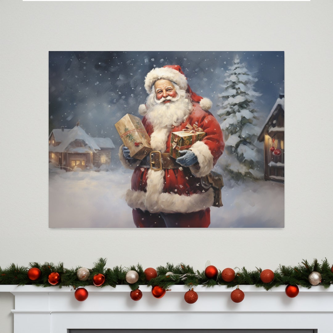 Santa Wall Art Canvas, Holiday Decor Vintage Santa, Ready to Hang Canvas Wall Art, Christmas