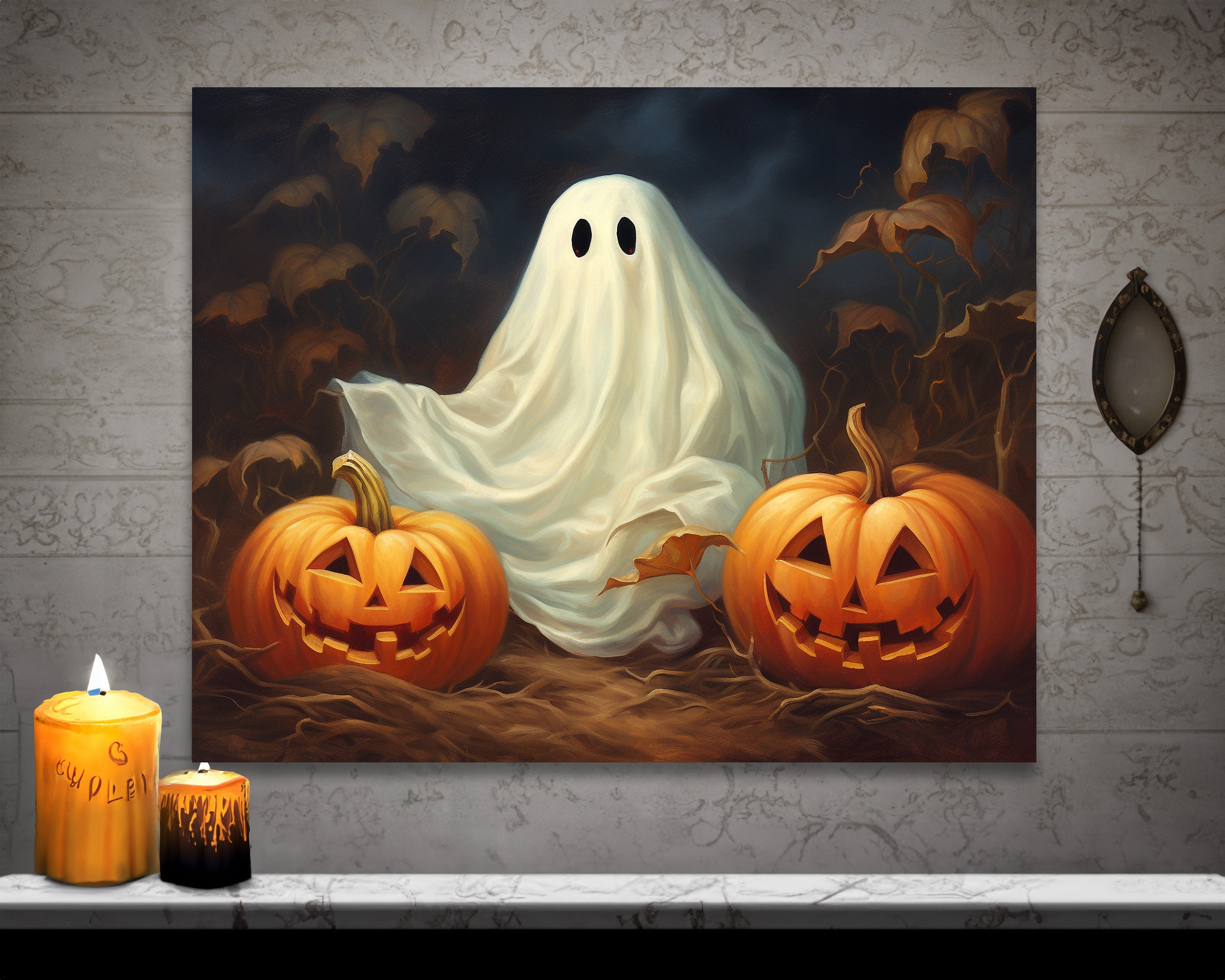Ghost and Jack O Lanterns Wall Art Halloween Decor Gothic Art Dark Academia Haunting Ghost Vintage Oil Painting Pumpkin Ghost Painting