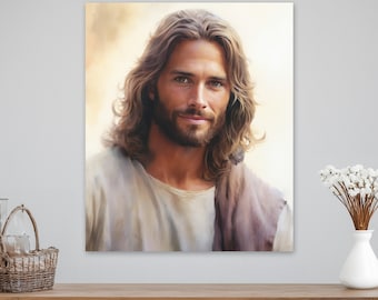 Puede incluir: Una pintura de un hombre con cabello largo y ondulado castaño y barba. Lleva una túnica blanca y tiene una expresión amable en su rostro.