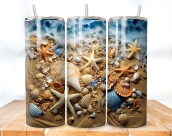 Seashell Beach 20oz Tumbler Wrap: 3D Sublimation Design (PNG, PDF)