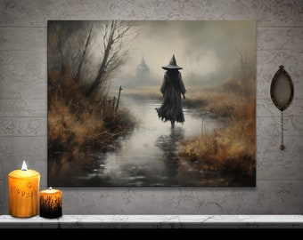 Witch in The Creek Oil Painting: Gothic Halloween Canvas Wall Art