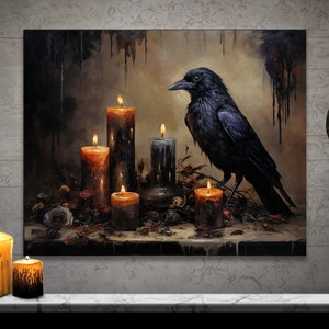 Raven Canvas Print: Gothic Halloween Decor, Vintage Oil Painting