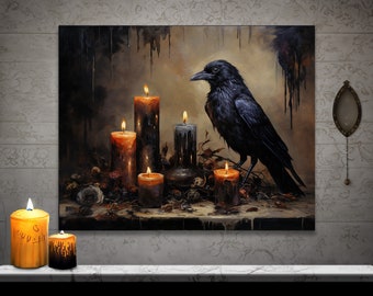 Pode incluir: Um corvo preto empoleirado em um galho com cinco velas acesas à sua frente. As velas são de vários tamanhos e cores, incluindo preto, marrom e amarelo. O fundo é uma cena escura e melancólica com tinta pingando.