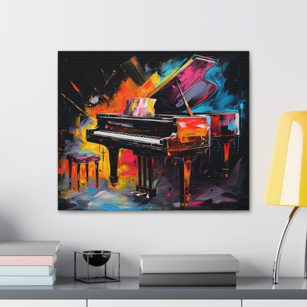 Piano Canvas Wall Art Piano Neon Oil Painting Home Decor Ready to Hang Piano Canvas Wall Art Music Studio Art Music Wall Decor