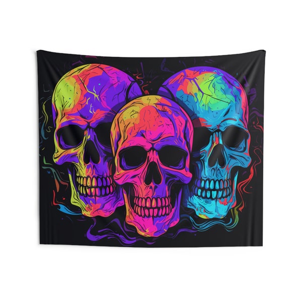 Skulls Fluorescent Tapestry, Psychedelic Skulls Black Light Tapestry, Neon UV Reactive Tapestry, Abstract Skull Wall Hanging, UV Backdrop