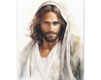 May include: A watercolor painting of a man with long brown hair and a beard. He is wearing a white robe and has a gentle expression on his face.