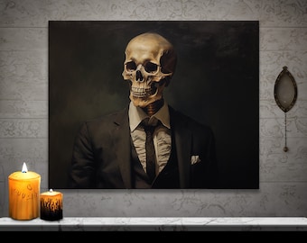 Skeleton in Suit Canvas: Gothic Halloween Art, Dark Academia Decor