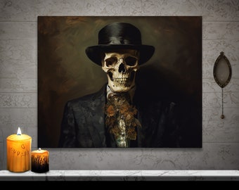 Skeleton Renaissance Oil Painting: Gothic Halloween Canvas Wall Art