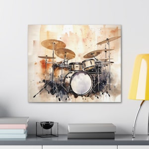 Drummer Canvas Wall Art Drum Set Watercolor Art Drummer Home Decor Ready to Hang Drummer Canvas Wall Art Music Studio Art