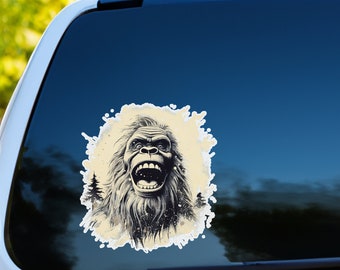 May include: A black and white illustration of a roaring Bigfoot with a white background and splattered paint effects.